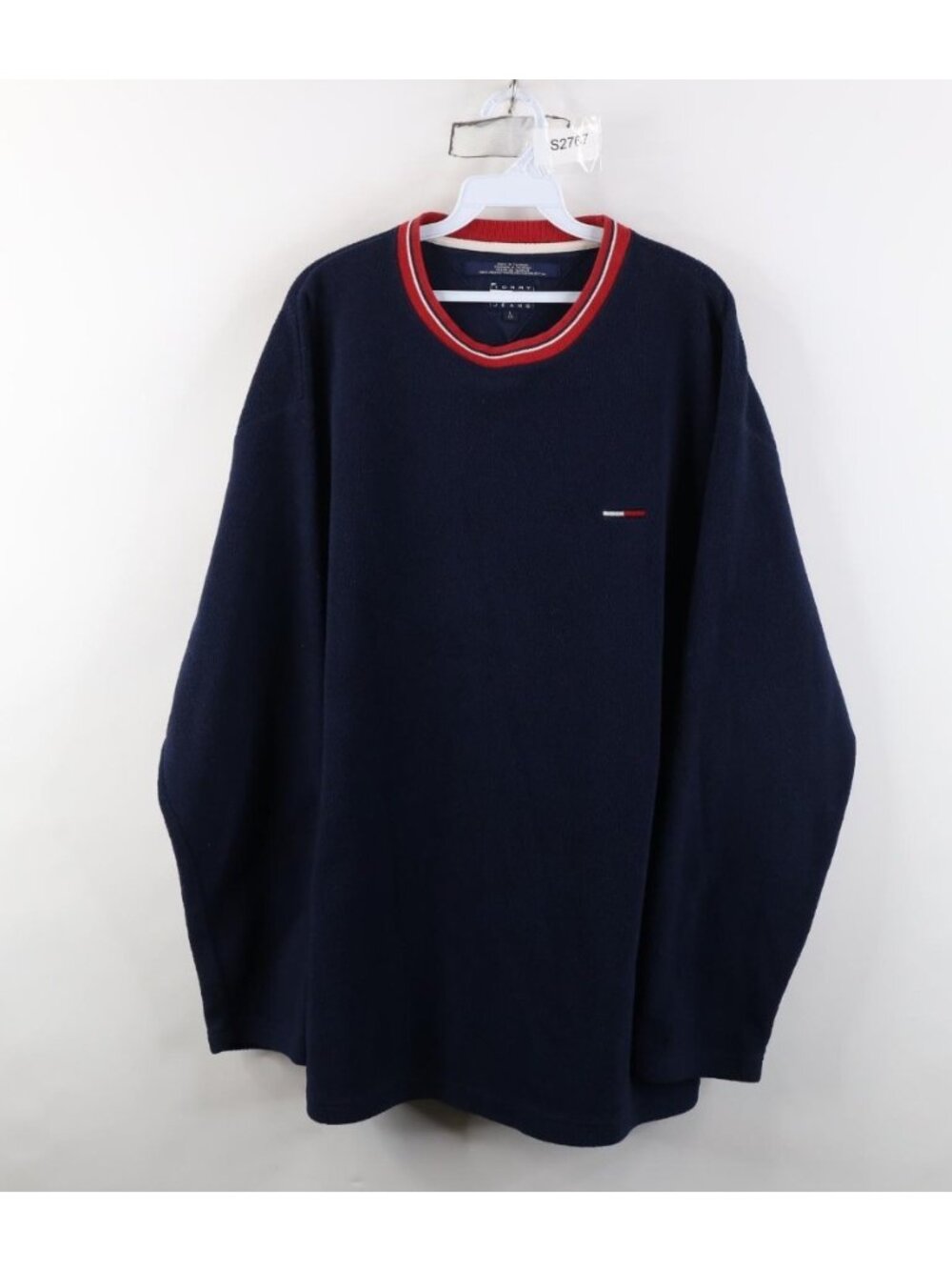 Vtg 90s Tommy Hilfiger Mens Large Faded Spell Out Fleece Crewneck Sweater Blue